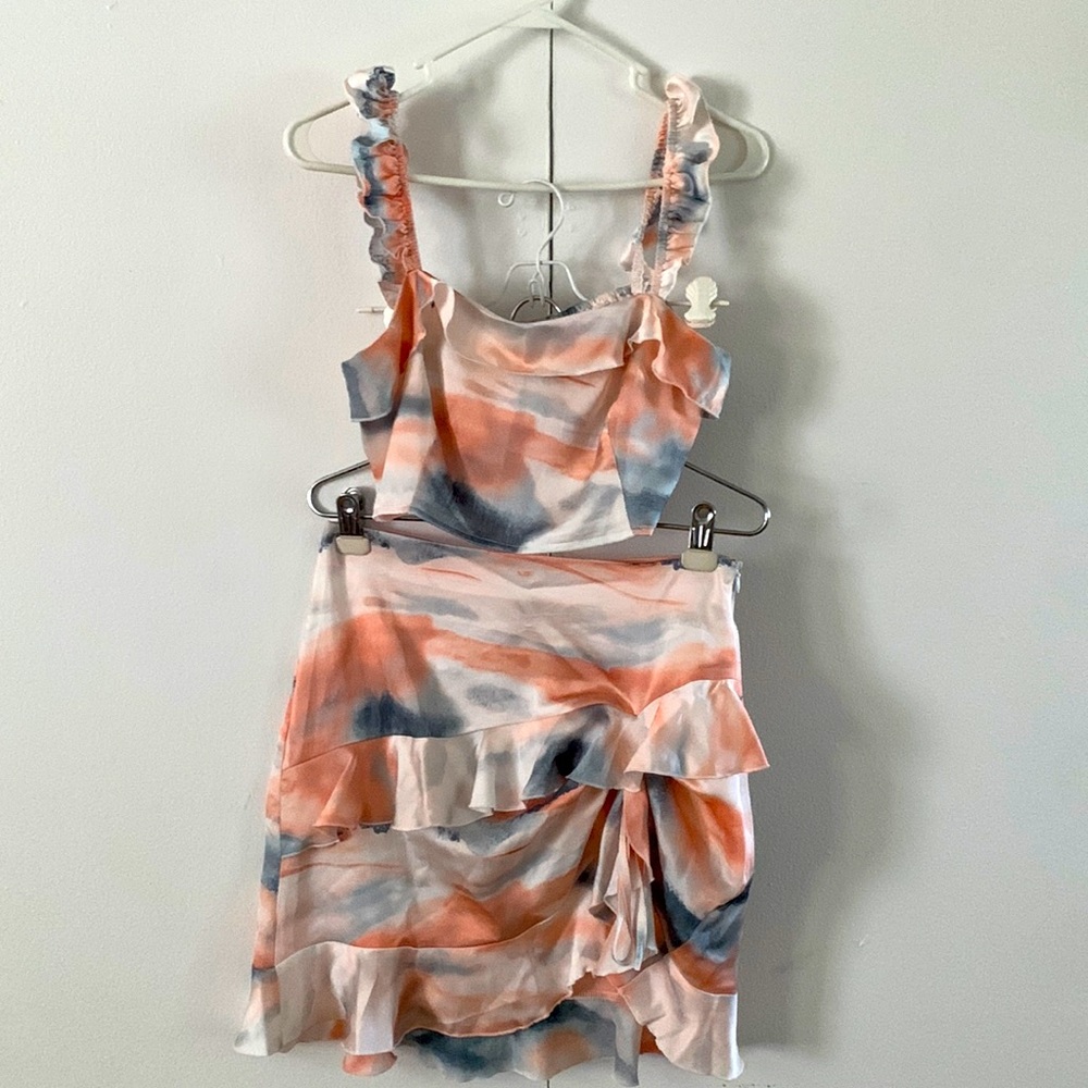 Peach & Blue TieDye Silk Skirt Set